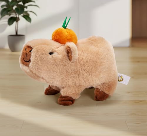 Simba PetZoo Capybara Stofftier – mit Orange auf dem Kopf, läuft und Macht süße Geräusche, Try Me-Funktion, interaktives Plüschtier, 17 cm, ab 3 Jahre