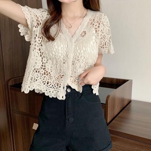 Lace Cardigan, Lace Cardigan for Women, V Neck Short Sleeve Hollow Out White, Button Up Crochet Shrug for Summer, One Size2