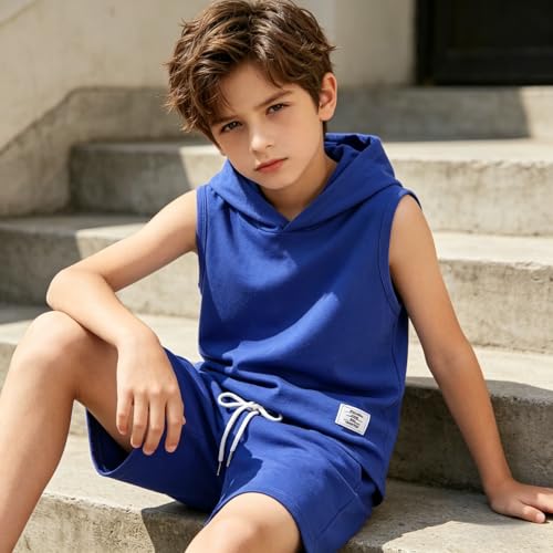 Image of Size 6-12 Years Boys Summer Clothes Hooded Sleeveless Tank Tops Workout Shorts 2 Piece Set Fashion Outfits