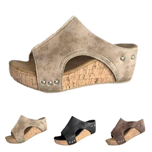 Cork Wedges Platform Slides, Women's Thick Sole Comfy Leather Wedge Non-slip Sandals, Summer Platform Cork Wedge