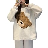 [MilaCorinna] レディース パジャマ ルームウェア ふわふわ セットアップ もこもこ あったか フランネル 可愛い クマ 女性用 ホームウエア 無地 上下セット 部屋着 室内着 長袖パジャマ 2点セット 防寒 保温 軽量 秋冬