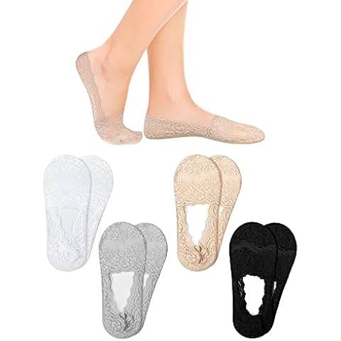 4 Pairs Casual Non Skid Boat Socks Low Cut Liner Lace Socks Lace Heel Socks Womens No Show Socks with Silicone Grip, 4 Colors Cover