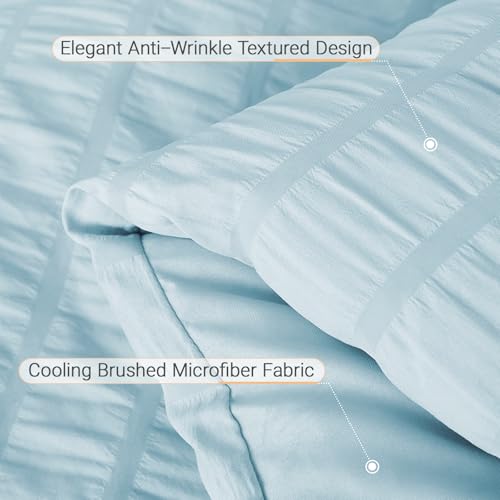 Image of MUXHOMO 7 Pieces Oversized Queen Comforter Set, Seersucker Bed in a Bag Oversized Queen Size, All Season Luxury Bedding Set with Comforter, Flat Sheet, Fitted Sheet, Pillowcases & Shams, Lake Blue