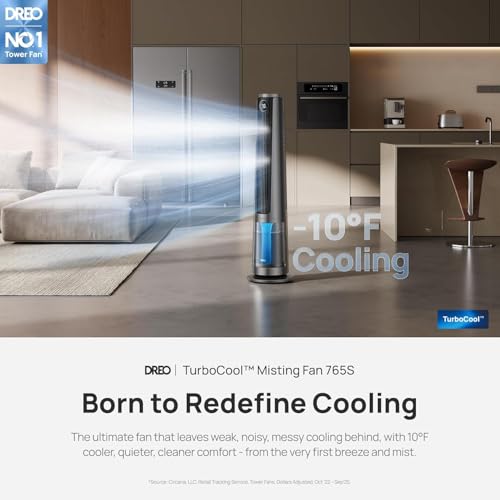 Image of DREO TurboCool Misting Fan 765S, 10F Cooling, 34ft /s Fast Standing Fan, Tower Fans that Blow Cold Air, 20 dB Quiet DC Motor, 6L Tank, 90 Smart Oscillating Fan with 12 Speeds, 4 Modes for Home, Grey