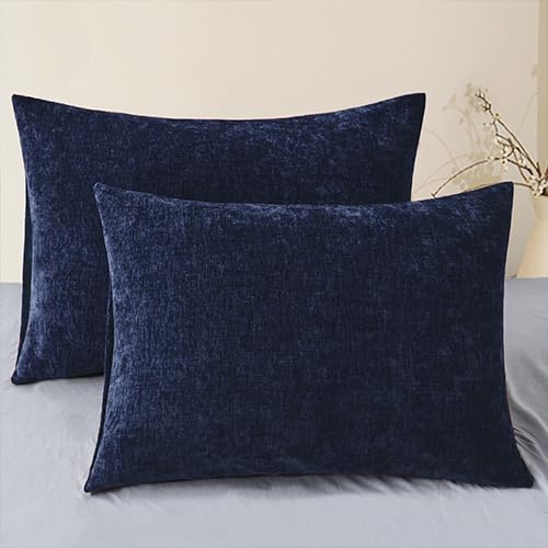 Image of CaliTime Pack of 2 Cozy Standard Pillow Shams Cases for Bed Bedding Decoration Solid Dyed Soft Chenille 20 X 26 Inches Navy Blue