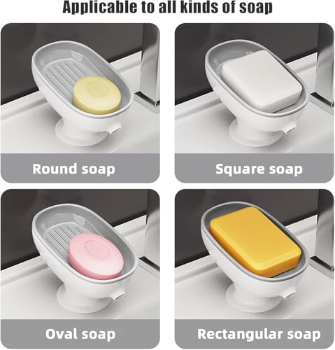 Image of Self Draining Plastic Soap Holder with Suction Cup - Leaf Shape Bar Soap Dish for Kitchen Sink, Shower, and Bathtub (1, White)