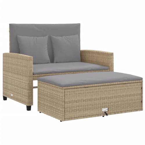vidaXL Canapé de Jardin avec Coussins 2 Places, Siège avec Repose-Pieds, Canapé-lit avec Dossier, Meuble de Terrasse Patio, Beige Résine Tressée