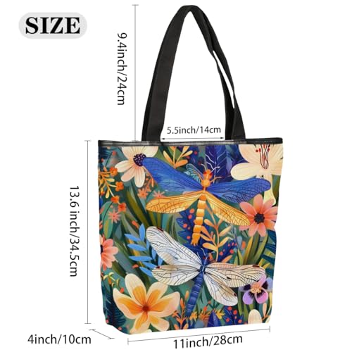 Canvas Tote Bag for Women Large Tote Bag with Zipper & Pockets Canvas Beach Bag Florals Dragonfly Shoulder Bag Reusable Shopping Bags Cute Tote Bags for Work Travel2