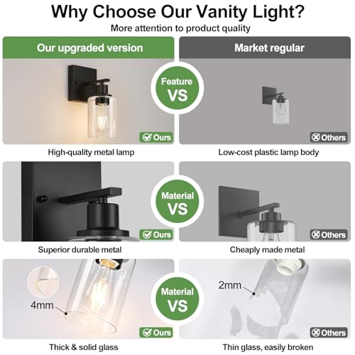 Image of Indoi Set of 2 Wall Sconces for Bathroom, Matte Black Modern Vanity Lights with Clear Glass Shade, Bathroom Wall Lamp for Mirror Kitchen Living Room Hallway Cabinet Porch