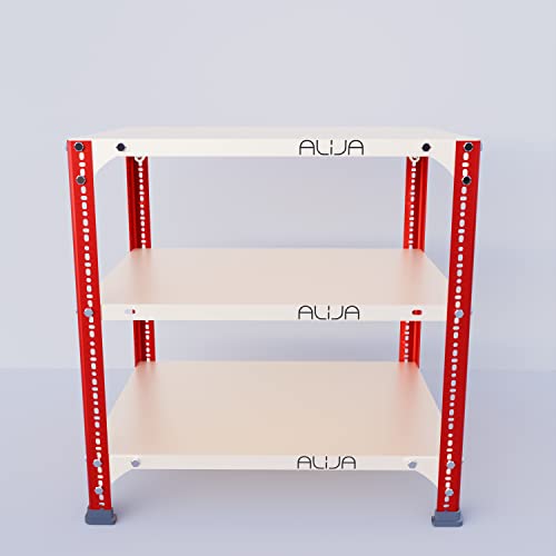 Image of ALIJA️ Slotted Angle Metal Rack (2 x 2 x 1.5 Ft. / 24 x 23 x 18 Inch) with 3 Shelves (Red and Ivory, 20 Gauge Shelves, 14 Gauge Angle)