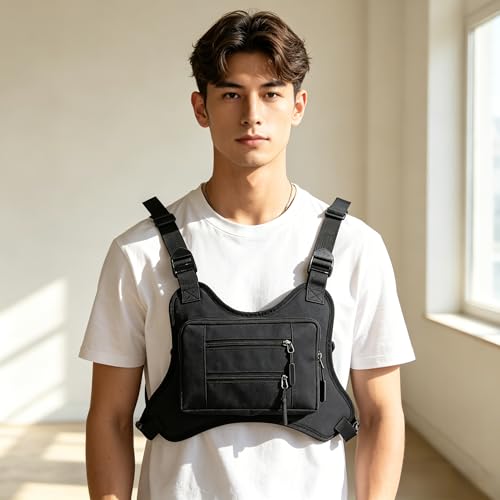 Bolsa tática para peitoral para corrida ao ar livre, leve, respirável, alça ajustável, bolsa de peito para homens, mulheres, caminhadas, ciclismo, escalada, acampamento, uso diário (preto)