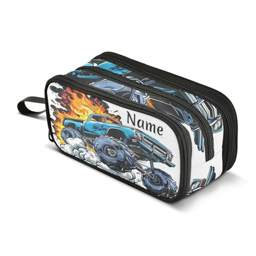 Image of Custom Truck Flame Pencil Case Box Boys Girls Personalized Name Large Pencil Pouch Stationery Pen Bag Organizer for Kids Adults School Office