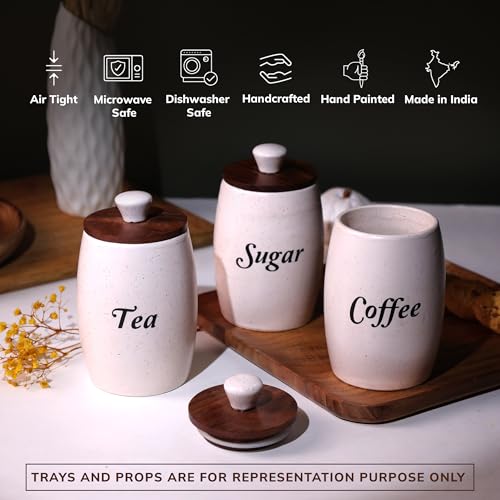 Image of Ceramic Tea Coffee Sugar Containers Set of 3 with Wooden Lids | Jar and Container for Kitchen Storage Set | Multi Utility Air Tight Kitchen Organizer Items (Hand-Painted, 400 ML)