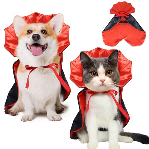 ROSAUI Halloween Pet Vampire Cape – Adjustable Red & Black Costume for Cats & Small Dogs 15.74″ Spooky Cloak with Stand-Up Collar Funny Halloween Pet Outfit (S Size)