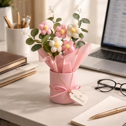 Image of Panchhi Store Handmade Crochet Flower Bouquet in Pink Vase, Aesthetic Room Decor for Bedroom, Unique Birthday Gift for Women & Girls, Anniversary Couple, Boho Artificial Table Decoration Items 1 pcs