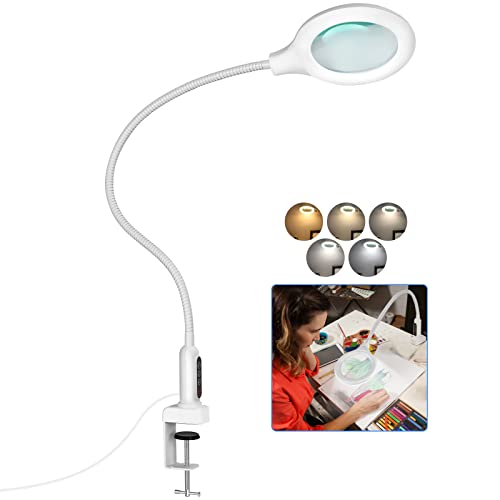 TOMSOO 26" Gooseneck Magnifying Lamp with Clamp, 5 Color Modes Stepless Dimmable LED Desk Light with Magnifying Glass, 5X Real Glass Lighted Magnifier Hands Free for Painting Close Work Craft Hobby TOMSOO 26" Gooseneck Magnifying Lamp with Clamp, 5 Color Modes Stepless Dimmable LED Desk Light with Magnifying Glass, 5X Real Glass Lighted Magnifier Hands Free for Painting Close Work Craft Hobby
