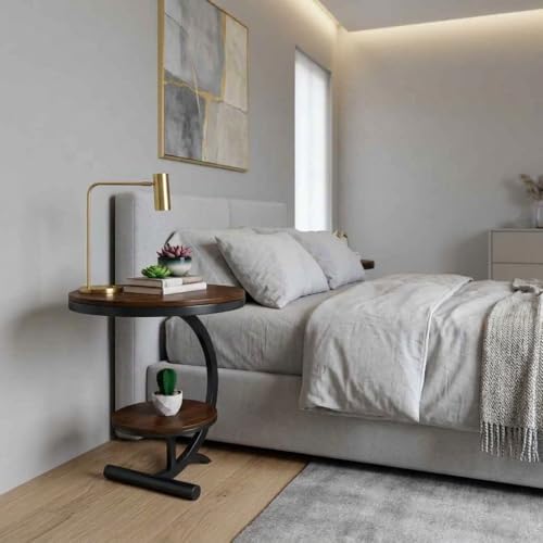 Image of NEST NATURE HAVEN Wood 2 Tier Round Coffee Table Nightstand Bedside Telephone Table with Storage, End Table Sofa Side Corner Table for Living Room Bedroom, Black Brown