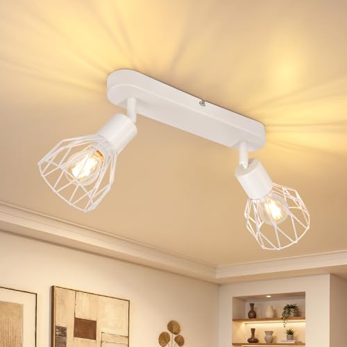 Dehobo Lámpara de Techo E14 Focos LED Interior Techo 2 Focos Giratorio Focos Para el Techo Blanco Retro Foco de Techo Para Salon Dormitorio Comedore, Sin Bombilla