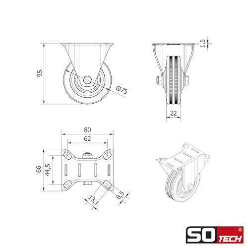 4er SET SOTECH Transportrollen RED Ø 75 mm (2x Bockrollen, 2x Lenkrollen mit Bremse) Höhe 96 mm, Anschraubplatte 80 x 67 mm Traglast bis 280 Kg Bockrolle