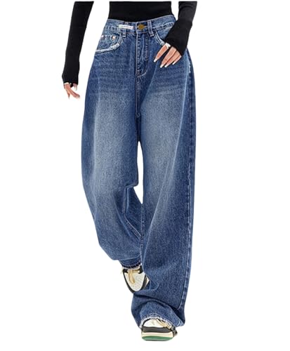 EMMIOL Jeans for Women Wide Leg Baggy Jeans Y2K Casual Loose Boyfriends Trousers Vintage Streetwear Mid Blue, XS