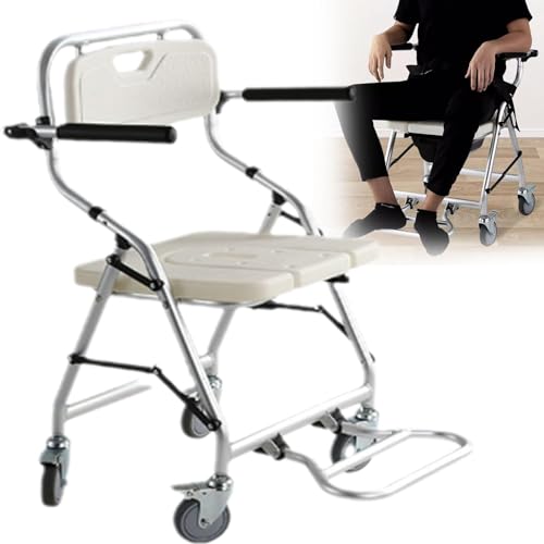 ZAIED Deluxe Wheeled Shower Commode Toilet Chair, Bathroom Bath Stool, rmrests, Footrests, Padded Seat, Brakes, Wheeled Chair for Handicap Elderly ﻿