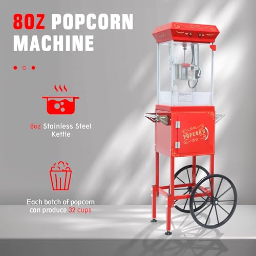 Image of Popcorn Machine 8 Oz Vintage Popcorn Maker with Cart for Home, Red | Small Dual Switch Control, Easy to Use /Clean, Retro Design, Quick Heat, Great for Home Theater Parties