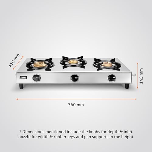 Image of Glen 3 Burner Stainless Steel LPG Gas Stove with 1 Jumbo Brass Burner | ISI Certified | Manual Ignition | Heavy Duty Pan Support | 2 Year Standard Warranty | 1031XLHF