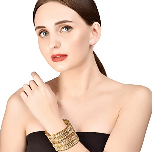 Touchstone "Colorful Collection Indian Bollywood Alloy Single Line Clear Rhinestone And Textured Color Bangle Bracelets Set of 18 In Antique Gold Tone For Women.2