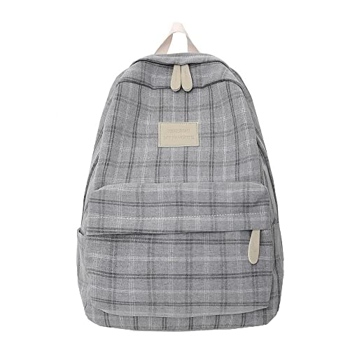 Light Academia Aesthetic Backpack Plaid Preppy Backpack Teen Girls Back to School Supplies Checkered Bookbags (Light Grey)