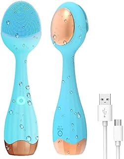 Sonic Facial Cleansing Brush, Rechargeable Silicone Sonic Vibration Facial Brush, Waterproof Face Scrubber Brush for Deep Cleaning, Gentle Exfoliating,Heating and Massaging (light blue)
