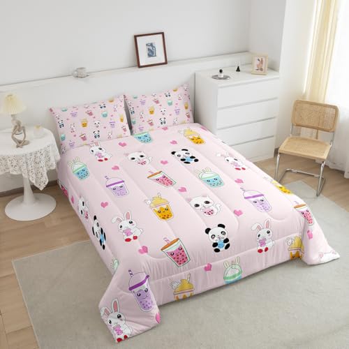 Image of Feelyou Cartoon Milk Tea Bedding Set Queen Size, Kids Cute Panda Comforter Set Kitten Cat Comforter Rabbit Duvet Insert 3Pcs
