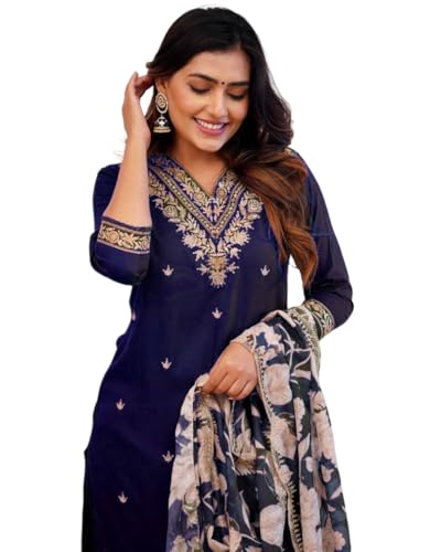 Image of Women Afghani Viscose Rayon Kurta Pant Dupatta Set with Embroidered Neck Work and Floral Print Organza Dupatta | Ethnic Straight Suit Set