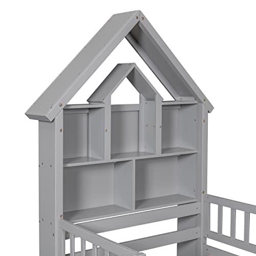 Polibi Twin Size House-Shaped Headboard Bed With Fence Guardrails And 2 Drawers,Twin Size Bed With Storage For Kids,No Need Spring Box,Gray #TOP2