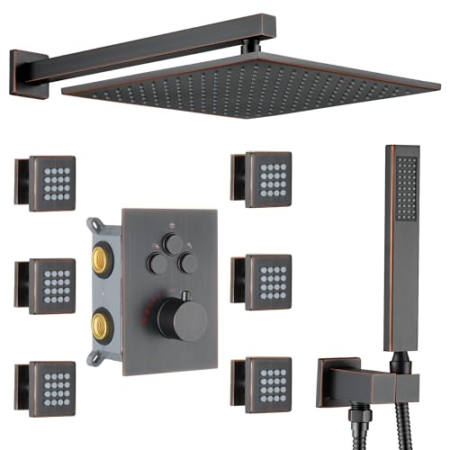 Luxury Thermostatic Rain Shower System with 6 Body Shower Jets & Shower Head, Oil Rubbed Bronze Wall Mount Shower Faucet Set Complete with Push Button Thermostatic Valve & Shower Handheld