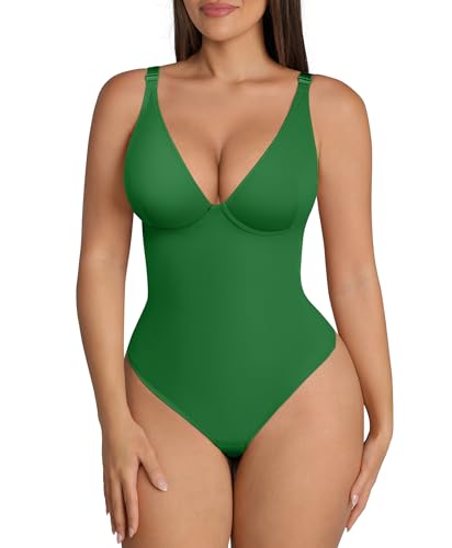 FeelinGirl Green Bodysuits for Women Tummy Control Thong Shape Wear Body Suit Sexy V Neck Body Suit Corset Top, XL