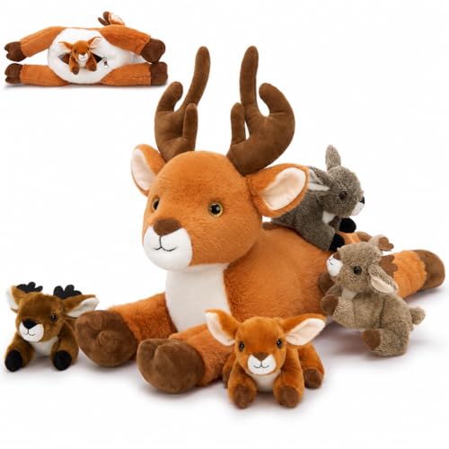 MorisMos Deer Plush Teddy 45 cm Mommy Deer Stuffed Animal with 4 Babies Soft Large Deer Plush Toy with Fawn Plushies for Kids Girls Boys Christmas Birthday