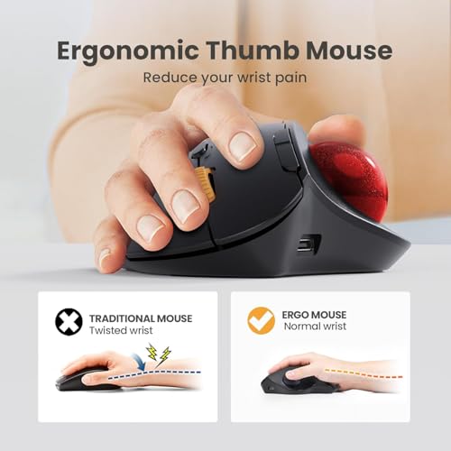 Image of ProtoArc Wireless Trackball Mouse, EM04 Ergonomic Bluetooth Rollerball Mouse Rechargeable Computer Laptop Mouse, 3 Device Connection, Compatible with PC, iPad, Mac, Windows-Cherry Ball