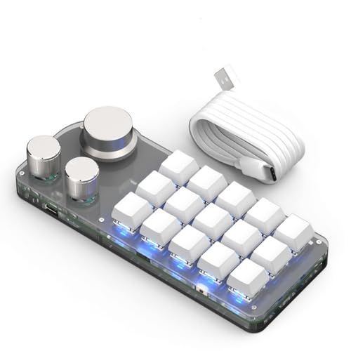 Aeroorマクロキーボード 片手キーボード 回転ノブ付き【3種接続を支持】プログラマブル 赤軸メカニカル 左手ゲーミング カスタム可能なキー 片手 小型 (ホワイト,RGB+3つのノブを備えた15個のキー)