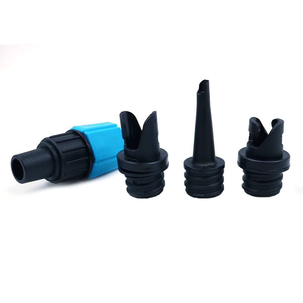 Sprężarka do nadmuchiwanych zaworów pompy, adapter do wentylu z 4 dyszami, koło do pływania, basenu, łóżek nadmuchiwanego łóżka, sofy, łodzi, kajaka, niebieski