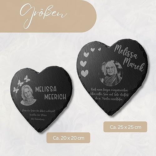 Grabplatte Grabstein Herz aus Schiefer mit Bild Gravur für Menschen bis 25x25 cm - Großer Gedenkstein mit Foto & vielen Motiven - Gravierte Gedenktafel als Grabschmuck Grabdeko personalisiert