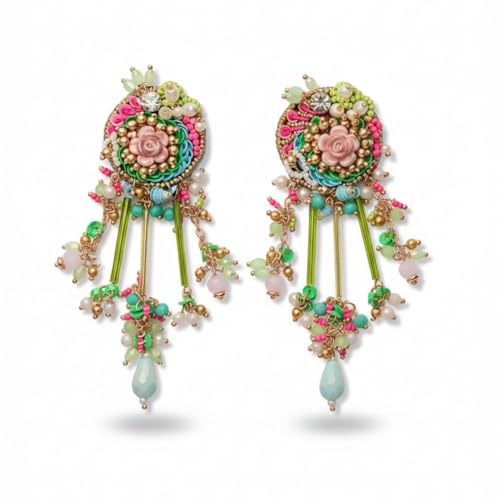Image of SANJOYA BY EVERSTYLISH Manjusumana Beautiful Blossom Pastel Color Beads And Detail Work With Golden Embellishment Earrings Lightweight Jewelry For Women | Party, Festive, Wedding & Gifting
