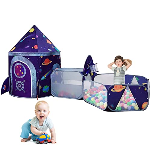 Image of LOJETON 3pc Space Ship Kids Play Tent, Crawl Tunnel, Ball Pit for Toddlers, Indoor Outdoor Playhouse Castle Toys, Baby Boys Girls for 3 4 5 6 7 Years Old (Balls Not Included)