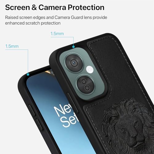 Image of Vaku Luxos Lion Embossed Back Cover Case for OnePlus Nord CE 3 Lite Premium Leather Stitched Soft Shockproof Protective TPU Phone Case Camera Screen Protector- Black