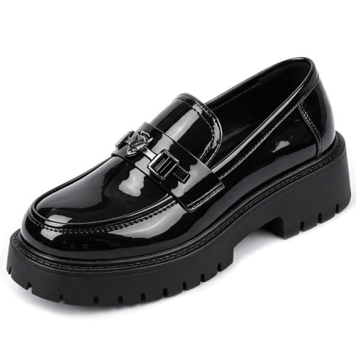 Men's Fashion Platform Loafers Patent Leather Chunky Dress Shoes Comfort Non-Slip Slip-On Lug Sole Casual Shoes for Party Business & Daily Wear (8,Black G)