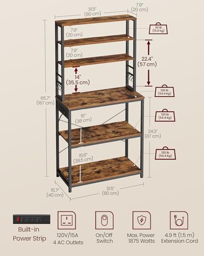 Image of VASAGLE Bakers Rack with Power Outlet, 31.5 Inches Coffee Bar for Kitchen with Storage, 6-Tier Kitchen Shelves with 6 Hooks, Microwave Stand, Industrial, Rustic Brown and Ink Black UKKS119K01
