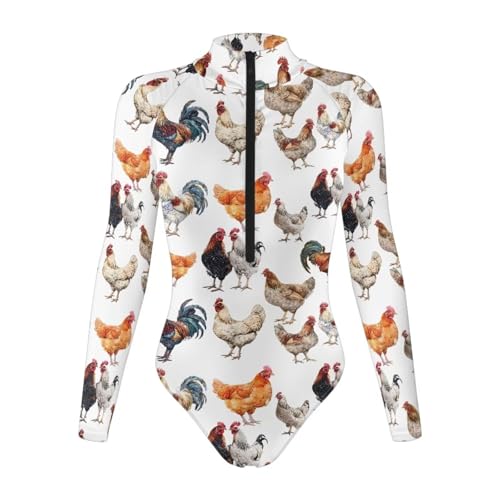 Yewattles Chicken Rooster Women Seamless Bodysuit Sexy Half Zip up Front Elastic Slim Long Sleeve Bodysuits Top Breathable Lining Top for Party Beach Home Street