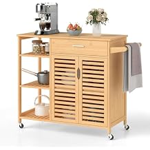 Moccha Rolling Kitchen Island Cart - Bamboo Kitchen Carts on Wheels with storage Cabinet, Large Drawer, 3-tier Open Shelf, Towel Rack, Sideboard, Mobile Kitchen Table for Dining Room Living Room Bar