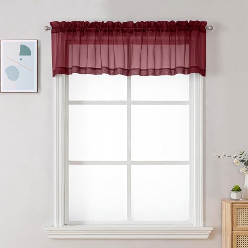 Image of Chyhomenyc Sheer Valances for Windows 2 Pack, 42W x 14L inches Small Window Curtains for Living Room Bathroom Cafe Laundry Basement, Modern Top Dual Rod Pocket Voile Curtain, Burgundy