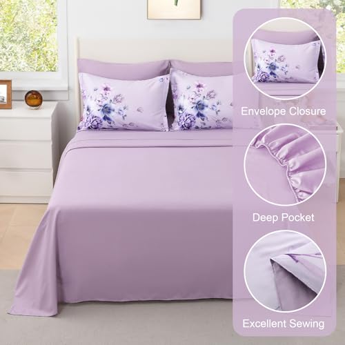 Image of Floral King Size Comforter Set - 7 Piece Botanical Purple Flower Bed in a Bag Ulter Soft Microfiber Bedding Set, Lightweight Bed Comforter Set with Sheets for All Season (Purple, King)