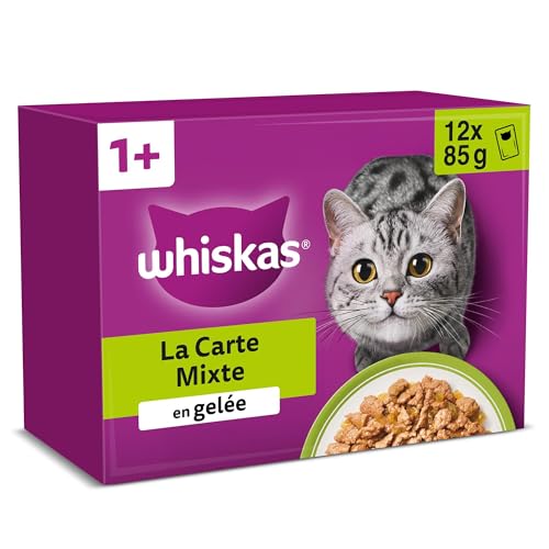 WHISKAS Aliment humide en gelée pour chat adulte 12x85 g La Carte Mixte (Lot de 4) 48 Sachets
